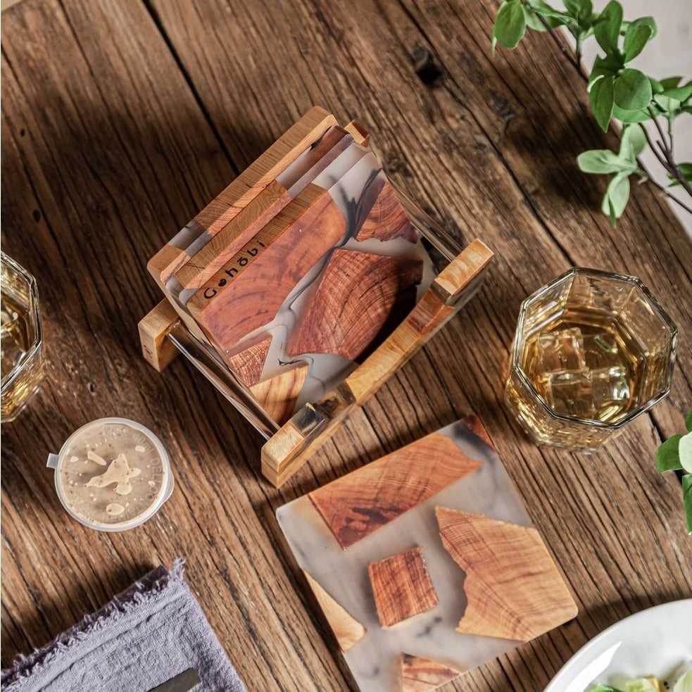 Gohobi Classic Wood & Resin Coaster Holder Large