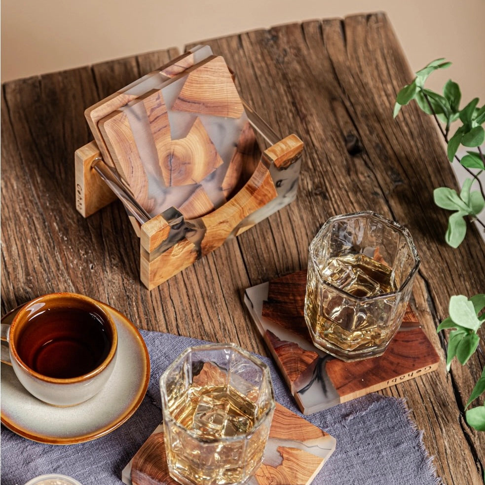 Gohobi Classic Wood & Resin Coaster Holder Large