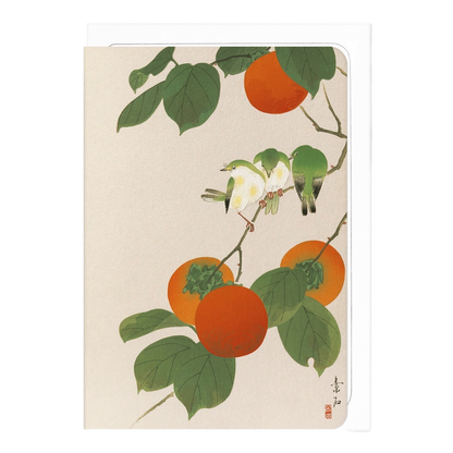 White-Eye Birds and Persimmon Fruit Japanese Card